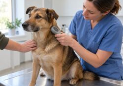 Une vétérinaire en tenue bleue pose un lecteur de puce sur le cou d'un chien fauve assis sur une table d'examen, tandis qu'une main de propriétaire le maintient au poitrail.
