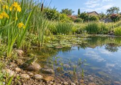 Mare naturelle avec grenouille verte au premier plan, libellule bleue sur une tige, iris jaunes et joncs, lumière matinale